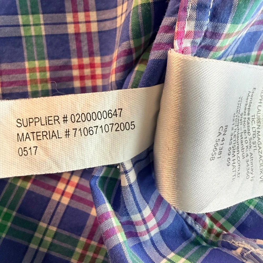 Polo Ralph Lauren Mens Medium Blue Green Pink Plaid‎ Cotton Stretch Shirt M